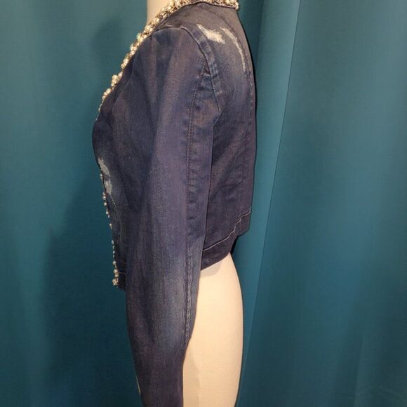 Bebe Embellished Cropped Denim Jacket | Pearl & Jewel Details | Fitted | M - Picture 6 of 10